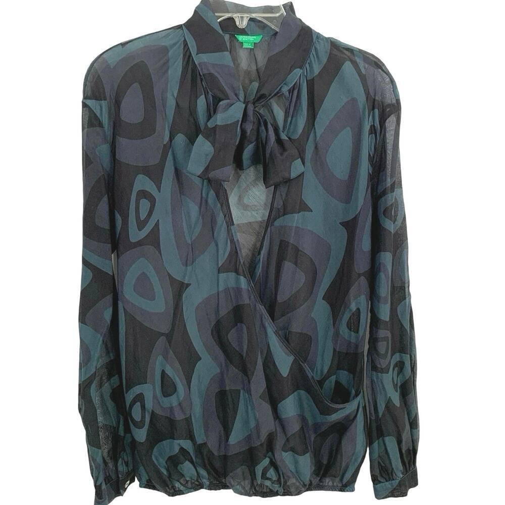 Vintage Benetton Wrap Style Blouse Retro Print Medium